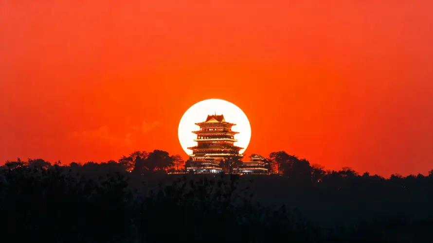 3k剪影壁纸-古建筑 - 古楼-橙红天空热门的壁纸「哲风壁纸」