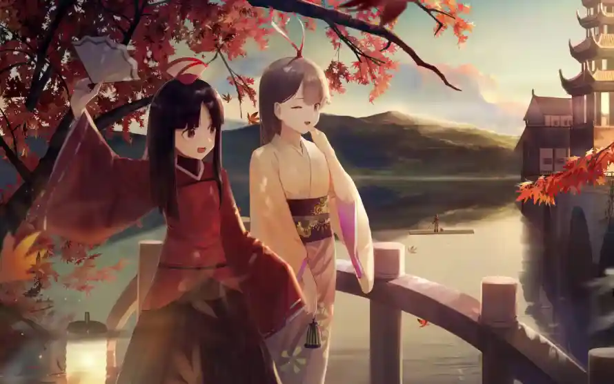 2k和服壁纸-少女 - 山水-枫叶「哲风壁纸」