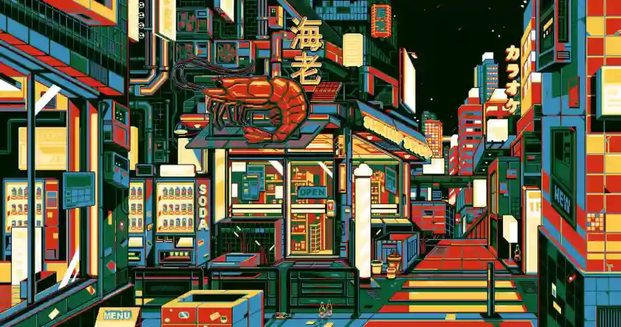 2k夜景壁纸-建筑 - 像素画-商业街「哲风壁纸」