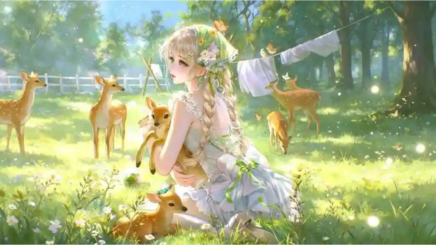 4k森林壁纸 - 鹿 - 阳光 - 少女「哲风壁纸」