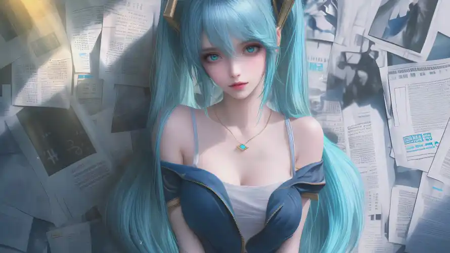 4k3D壁纸 - 蓝发 - 项链 - 二次元「哲风壁纸」