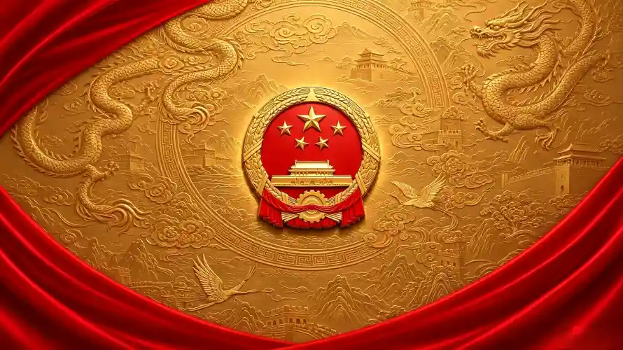 3k中国壁纸-中国龙壁纸和国徽-红色幕布免费下载「哲风壁纸」