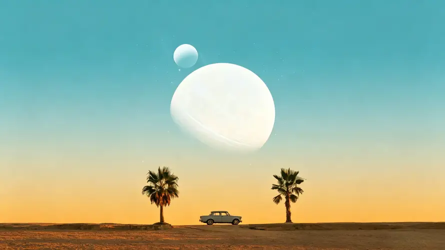 3k异星壁纸-棕榈树和插画-渐变天空壁纸分享「哲风壁纸」