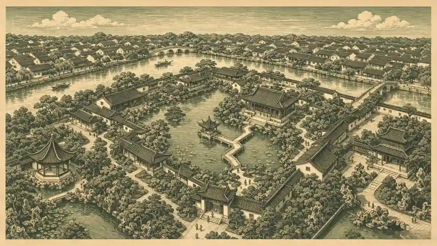 3k河道壁纸-古建筑 - 绿植-中式建筑壁纸分享「哲风壁纸」