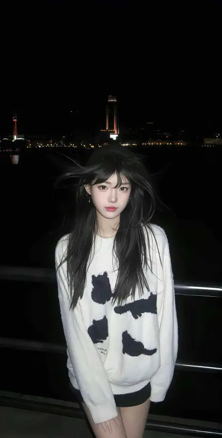 4k黑发壁纸 - 长发 - 夜景 - 美女「哲风壁纸」