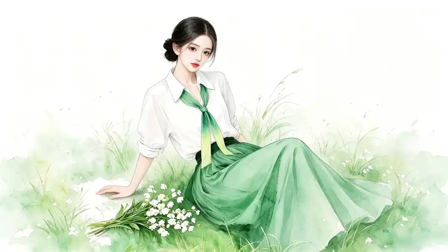 3k好看壁纸-小白花壁纸和手绘-绿色丝带热门的壁纸「哲风壁纸」