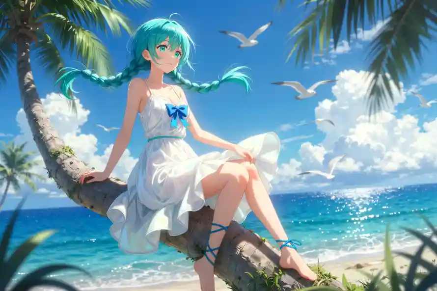 5k夏日壁纸-椰子树壁纸和少女-初音未来免费下载「哲风壁纸」