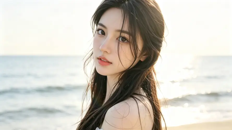 4k长发壁纸 - 海边 - 暖光 - 美女「哲风壁纸」