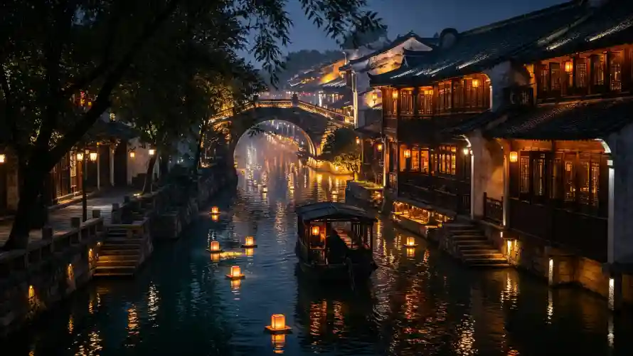 3k古桥壁纸-乌篷船 - 夜景-江南古镇热门的壁纸「哲风壁纸」