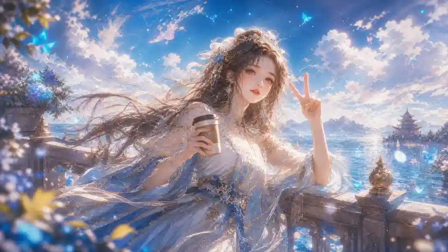 2k光影壁纸-蓝天白云 - 卷发-蓝色长裙壁纸分享「哲风壁纸」