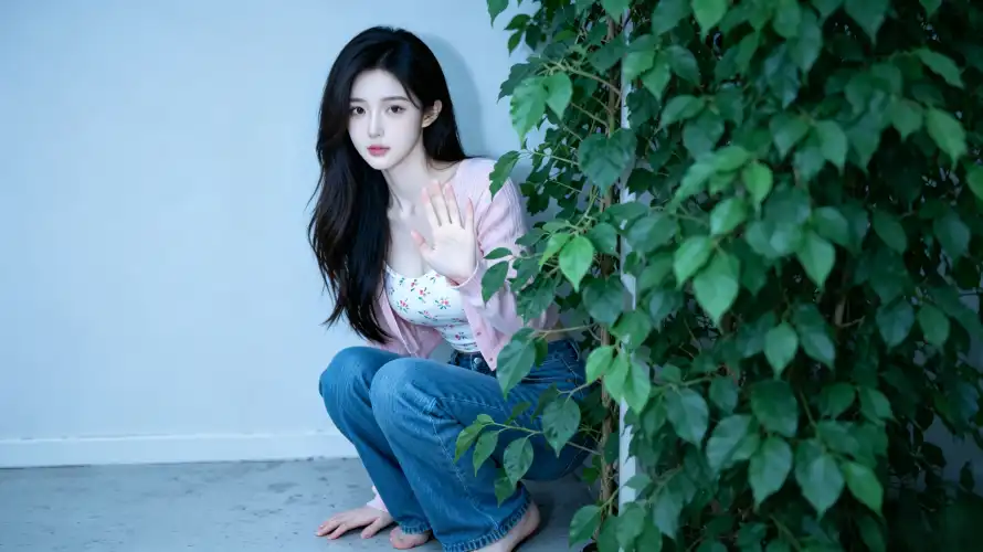 4k长发壁纸 - 美女 - 室内 - 绿植「哲风壁纸」