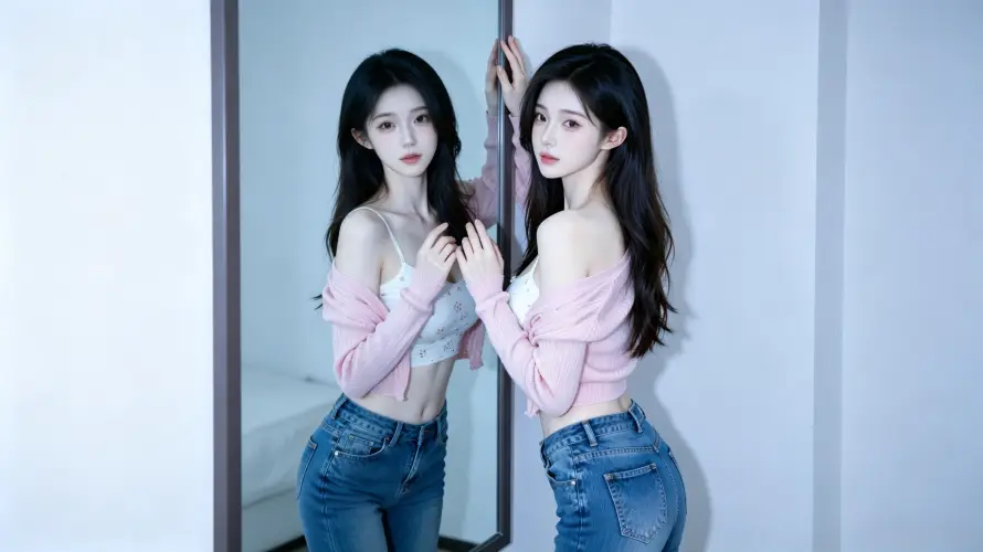 4k长发壁纸 - 镜子 - 美女 - 室内「哲风壁纸」
