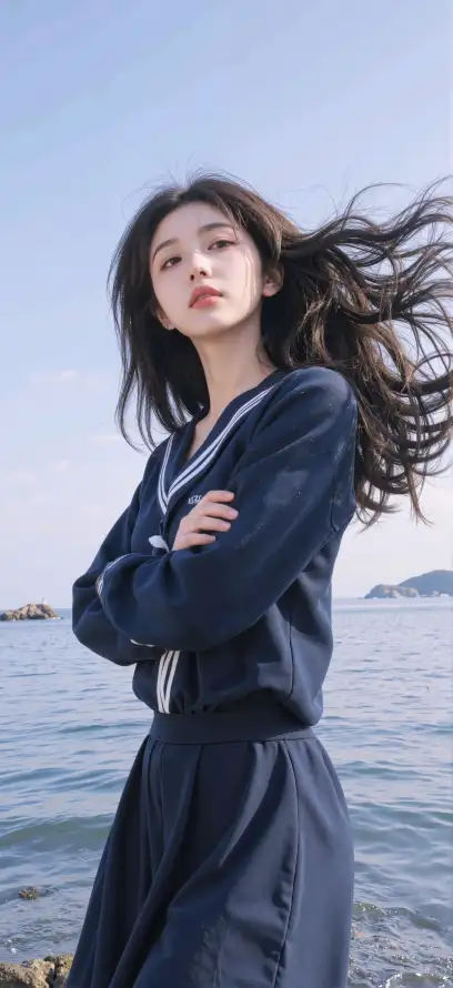 4k大海壁纸 - 少女 - 抱臂 - 晴朗「哲风壁纸」