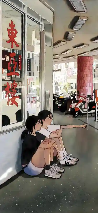 4k卡通壁纸 - 坐姿 - 少女 - 少年「哲风壁纸」
