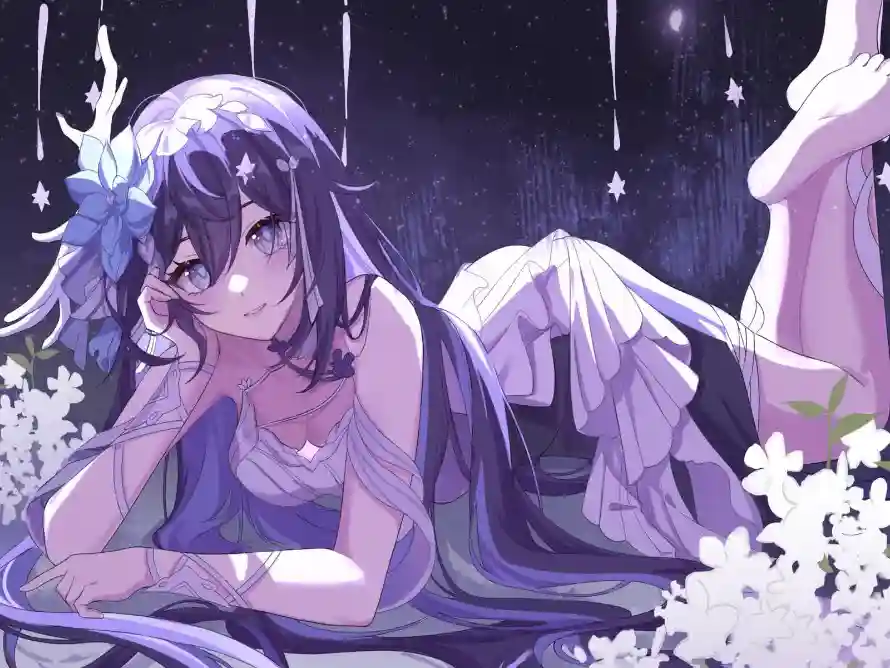 4k夜晚壁纸 - 少女 - 托腮 - 星空「哲风壁纸」