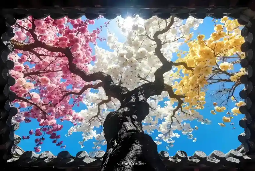 4k仰拍壁纸 - 晴空 - 树干 - 繁花「哲风壁纸」