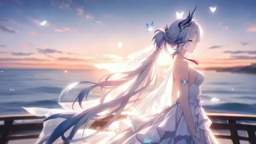 4k大海壁纸 - 婚纱 - 少女 - 日落「哲风壁纸」