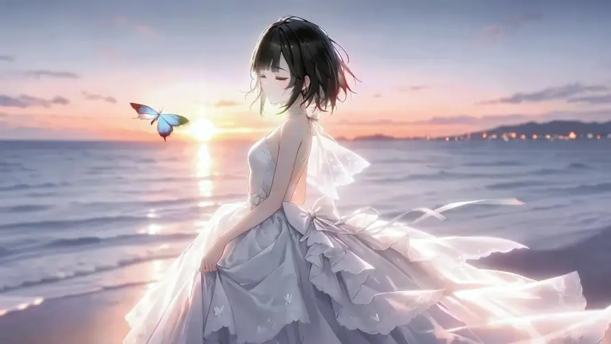 4k大海壁纸-婚纱 - 少女-插画「哲风壁纸」