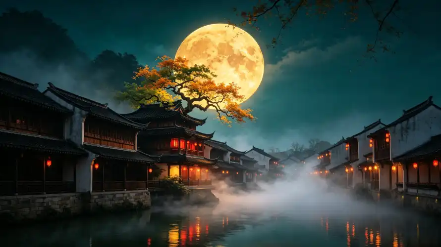 4k中秋壁纸 - 古镇 - 国风 - 夜景「哲风壁纸」