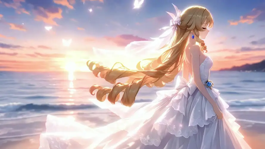 4k原神壁纸 - 夕阳 - 大海 - 婚纱「哲风壁纸」