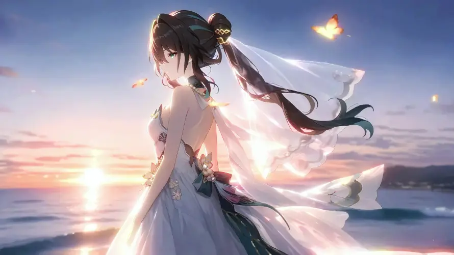4k夕阳壁纸 - 大海 - 头纱 - 婚纱「哲风壁纸」