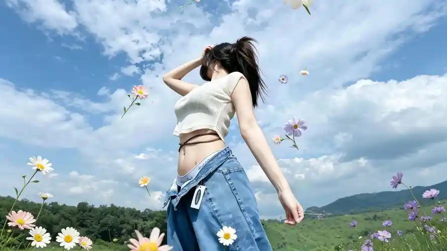 3k人像壁纸-格桑花 - 牛仔裤-短上衣壁纸推荐「哲风壁纸」