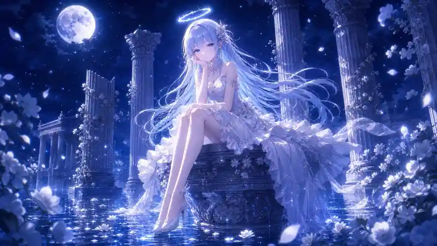 4k光环壁纸 - 坐姿 - 夜色 - 天使「哲风壁纸」
