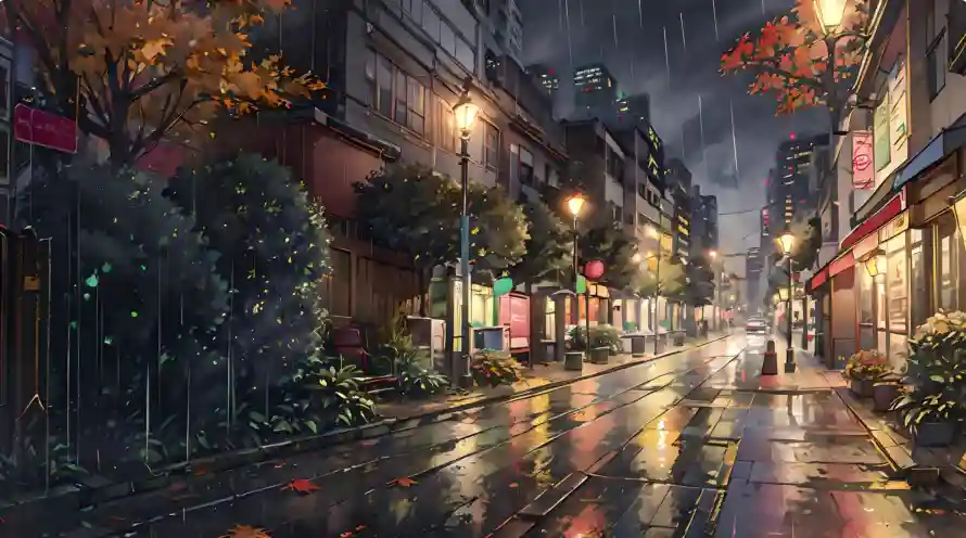 4k下雨壁纸 - 商铺 - 夜景 - 秋天「哲风壁纸」