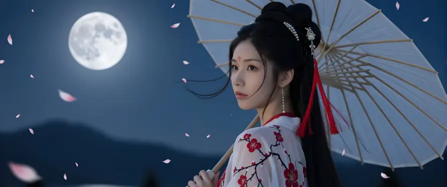 4k夜景壁纸 - 月夜 - 汉服 - 满月「哲风壁纸」