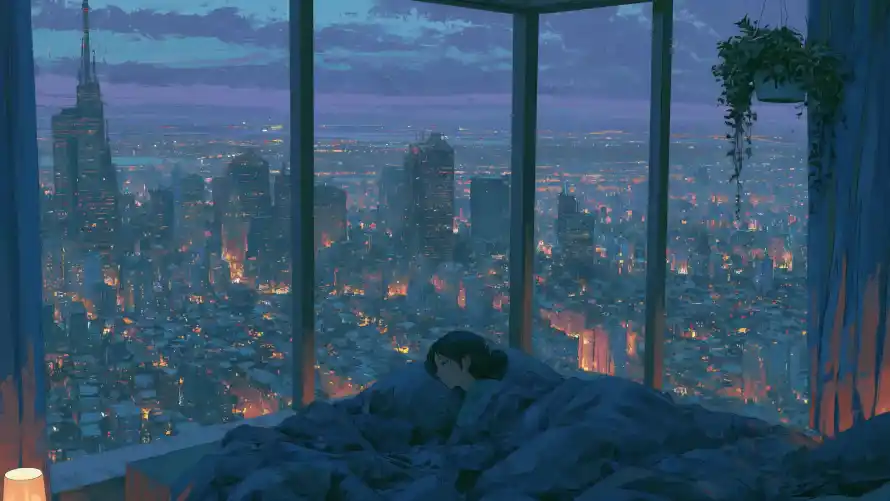 4k卧室壁纸 - 床 - 城市 - 夜景「哲风壁纸」