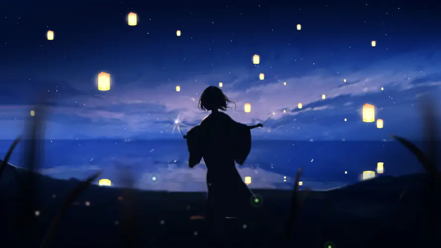 4k剪影壁纸 - 和服 - 夜景 - 夜空「哲风壁纸」