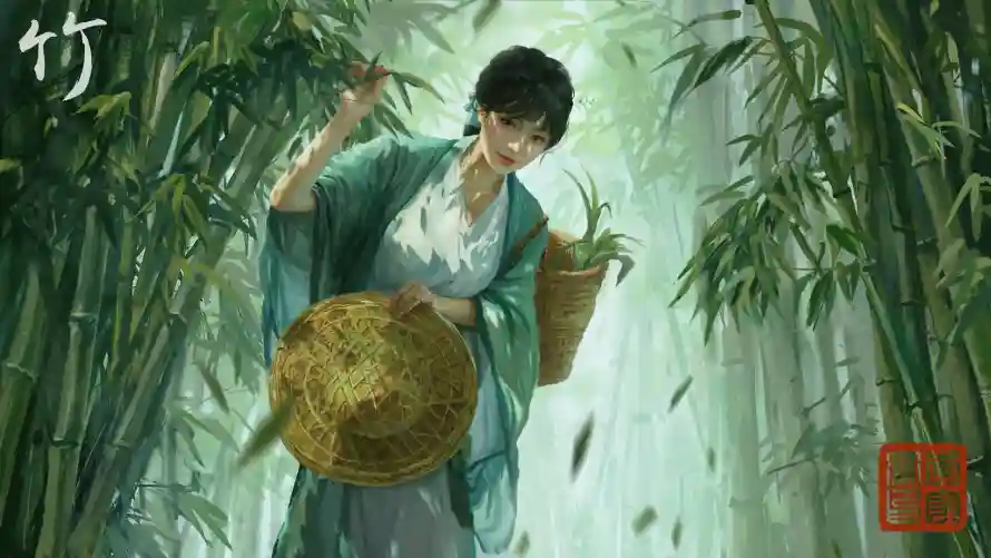 2k斗笠壁纸-汉服 - 竹叶-竹子「哲风壁纸」
