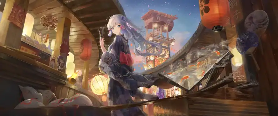 4k侧身壁纸-原神 - 和服-夜景「哲风壁纸」
