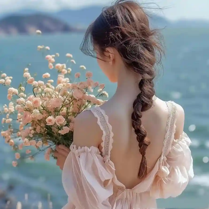 4k少女壁纸 - 捧花 - 海景 - 海边「哲风壁纸」