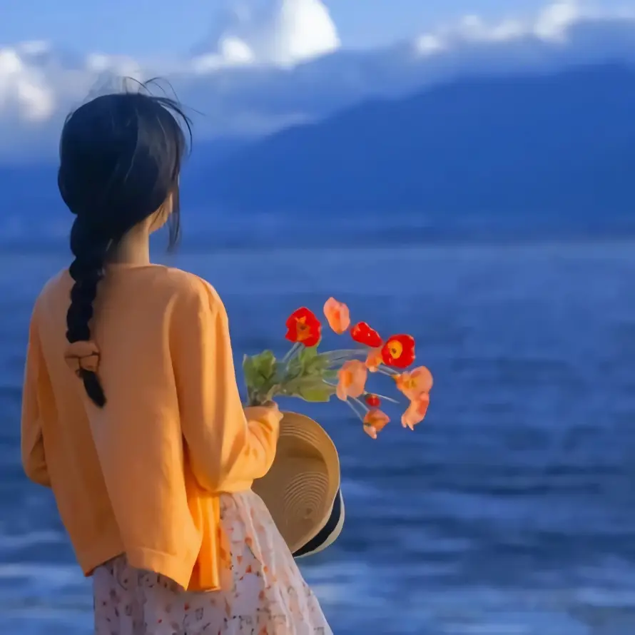 4k少女壁纸 - 持花 - 海边 - 湖面「哲风壁纸」