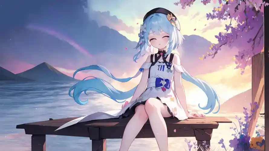 4k插画壁纸-日落 - 樱花-湖水「哲风壁纸」