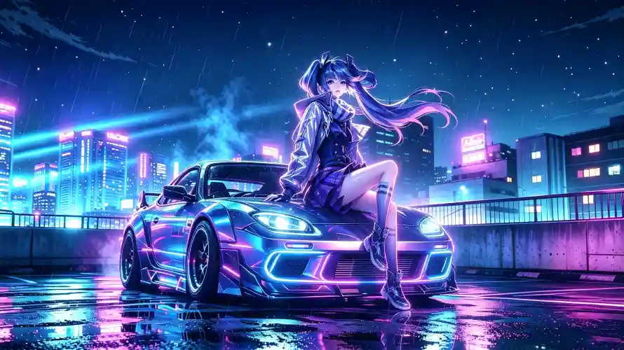 3k夜景壁纸-少女 - 星空-赛车「哲风壁纸」