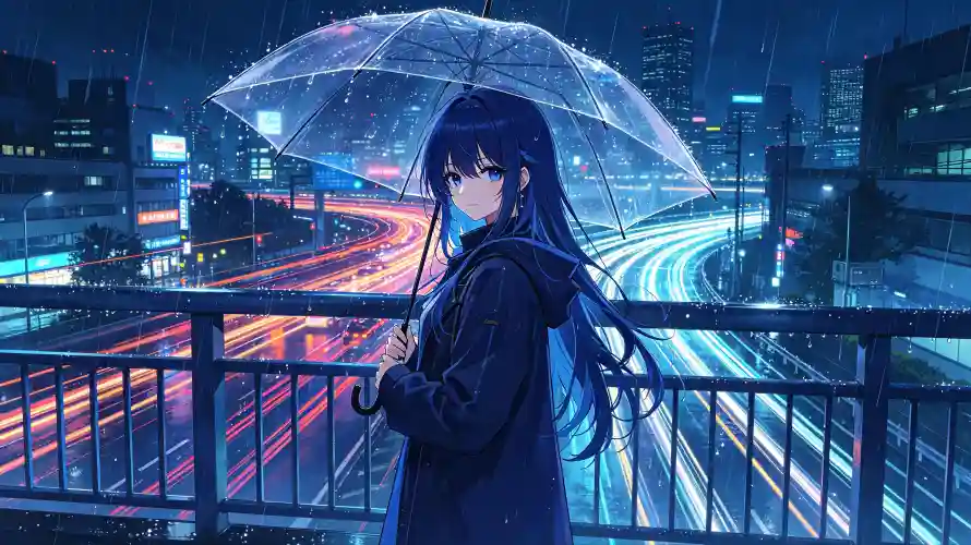 4k天桥壁纸-蓝发 - 雨夜-雨天「哲风壁纸」