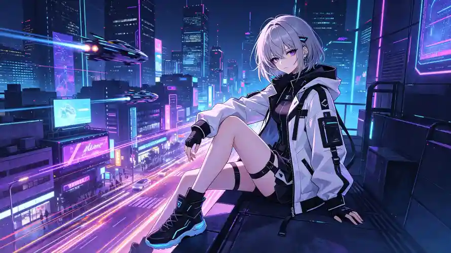 4k坐姿壁纸 - 外套 - 少女 - 霓虹「哲风壁纸」
