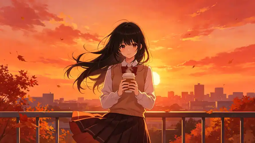 4k夕阳壁纸 - 天台 - 校服 - 秋日「哲风壁纸」