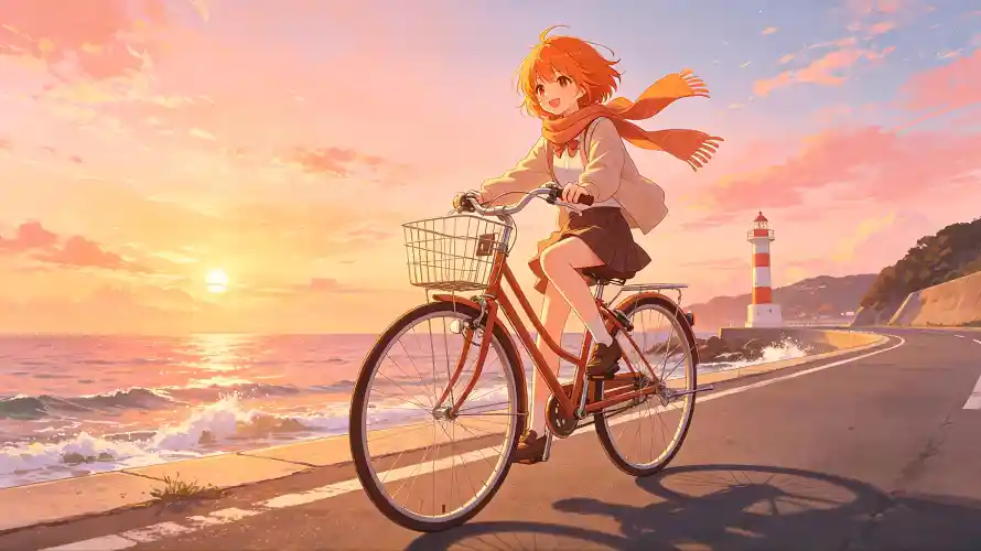 4k公路壁纸-围巾 - 夕阳-少女「哲风壁纸」