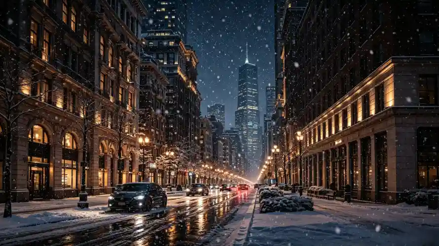3k冬夜壁纸-好看 - 落雪-车流「哲风壁纸」