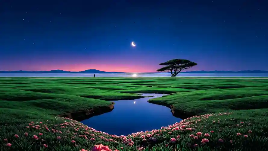 3k孤树壁纸-弯月 - 旷野-月夜「哲风壁纸」