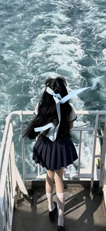 4kjk壁纸 - 少女 - 栏杆 - 海浪「哲风壁纸」