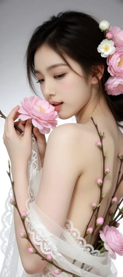 4k人像壁纸 - 侧身 - 粉花 - 花朵「哲风壁纸」