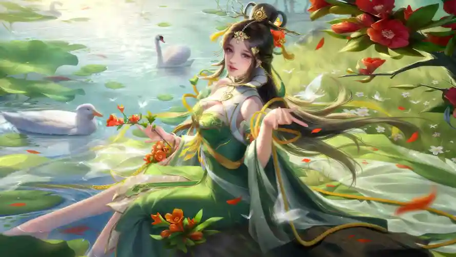 4k仕女壁纸-古风 - 天鹅-水畔「哲风壁纸」