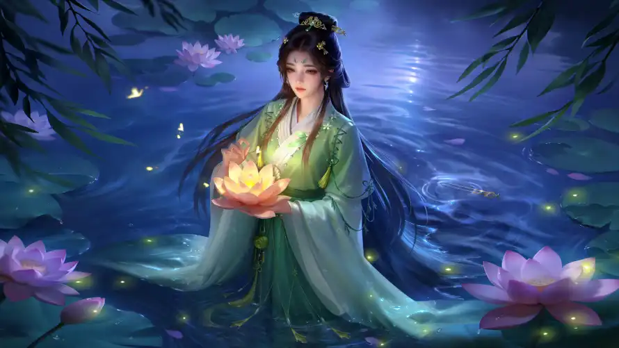 4k月夜壁纸 - 柳叶 - 水面 - 绿衣「哲风壁纸」 4k月夜壁纸 - 柳叶 - 水面 - 绿衣「哲风壁纸」