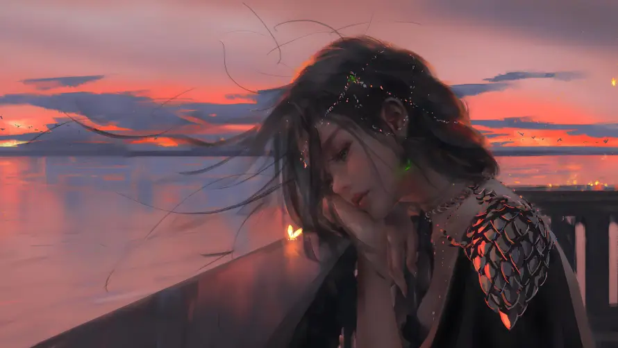 4k侧脸壁纸-厚涂 - 夕阳-托腮「哲风壁纸」