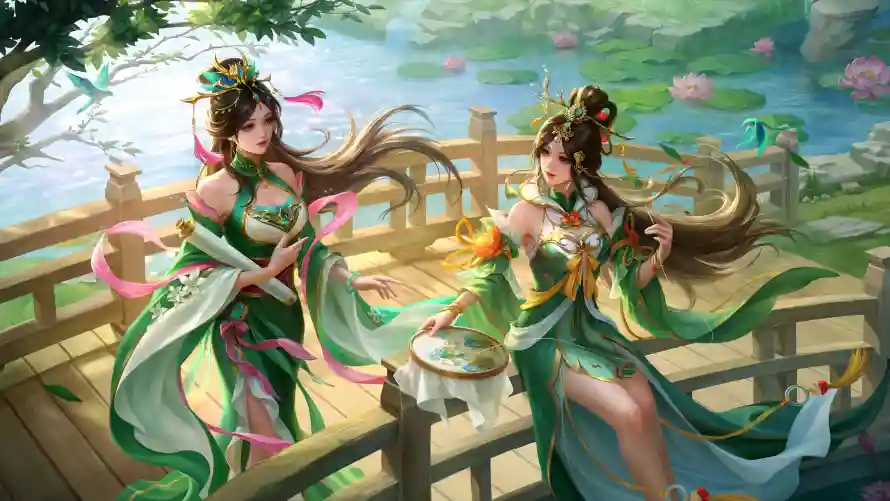 4k双姝壁纸-团扇 - 木桥-汉服「哲风壁纸」