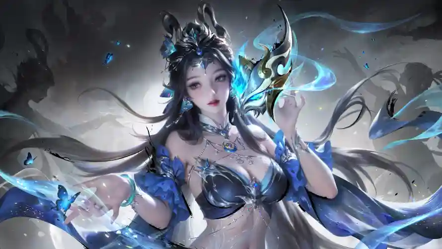 4k蓝蝶壁纸-貂蝉 - 长发-面具「哲风壁纸」